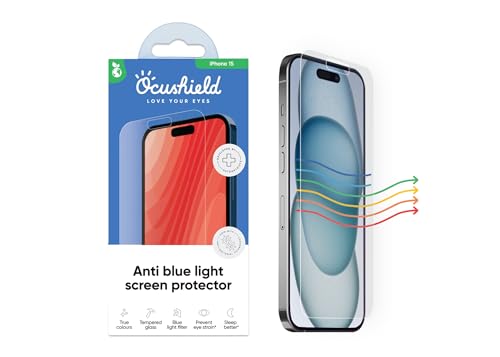 Ocushield Anti Blue Light Tempered Glass Screen Protector for iPhone 15 (6.1") – Blocks Blue Light, Prevents Eye Strain & Helps You Sleep Better, 9H Hardness & Case Friendly | Fits 6.1 inch display. 9H tempered glass blocks UV & blue light. Anti-bacterial