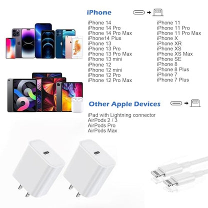 Fast Charging for iPhone 14 13 12 11,2PK MFi Certified, USB C Charger Block - color: White-6FT