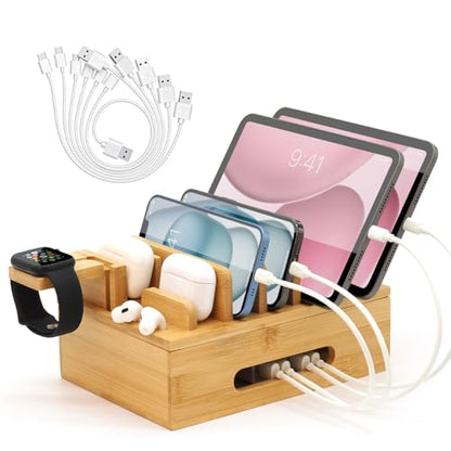 Bamboo Charging Station with Watch Stand, Desktop Charging Station Organizer, Wood Docking Station for Phones, Tablets, Watch, Earbuds (No Power Supply)