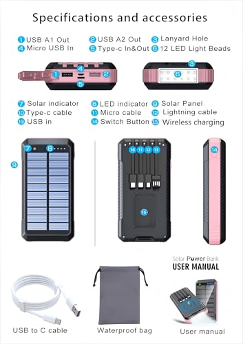 Solar Power Bank 49800mAh, Portable Charger with Built-in 4 Cables, 22.5W Fast Charging Solar Panel Charger for Traveling, Camping and Emergency(Pink) - color: Pink