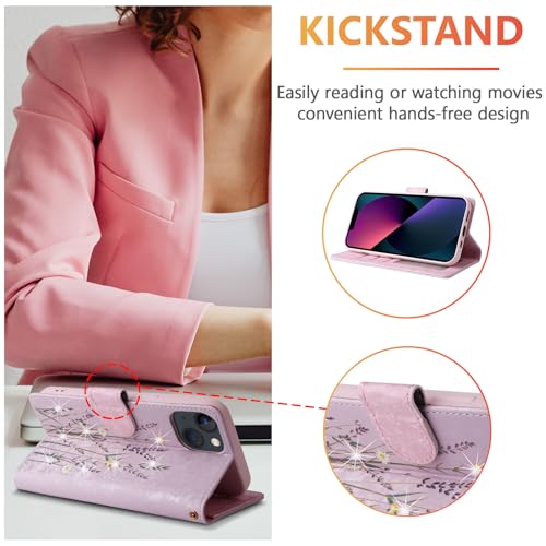 UEEBAI Wallet Case for iPhone 15, PU Leather Phone Cover Kickstand RFID Blocking Flip Case Card Slots Wrist Strap Relief Engraved Pattern Magnetic Closure Flower Folio Wallet, Lavender - color: Lavender, size: iPhone 15