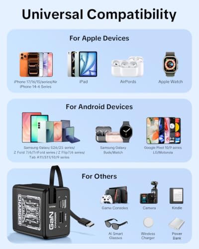 W & O Retractable Phone Charger with USB C Cable for iPhone17/16/15 - color: Black