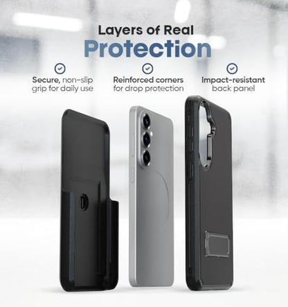MOTIVE for Samsung Galaxy S26 Case with Belt Clip and Stand | 6.3" | Case & Holster, MagSafe compatible, built-in Kickstand Horizontal, 360° rotating belt clip, slim low-profile fit - size: s26