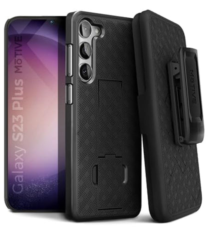 MOTIVE for Samsung Galaxy s23 Plus Case with Belt Clip, Kickstand | 6.6" | Ranger v1 Series, Black, 360° holster, open-top/bottom port access grip, slim - size: S23 Plus