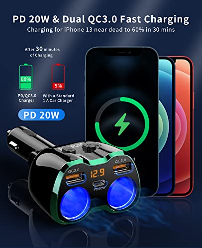 SUPERONE 180W 2-Socket Cigarette Lighter Splitter with QC3.0 & 20W PD USB C - color: Green