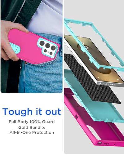 AICase for Samsung Galaxy S25 Ultra Case Built-in Stand,3 in 1 Heavy Duty Drop Protection Full Body Rugged Shockproof Military Protective Tough Durable Cover for Samsung Galaxy S25 Ultra 5G_3 - color: Hot Pink with Stand