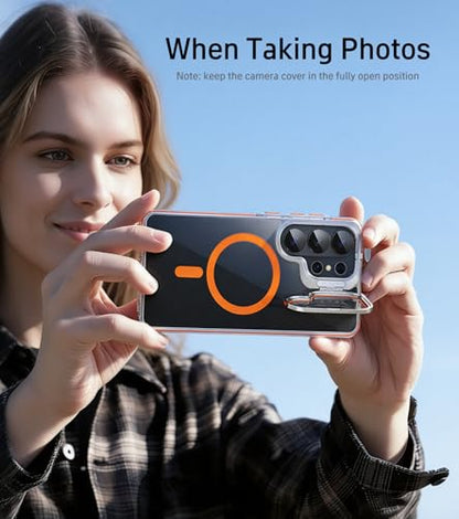 for Samsung Galaxy S26 Ultra Case with Camera Cover Stand, Full Camera Protection, Compatible with MagSafe, Drop Protection, Dust-Proof Anti-Fall Translucent Magnetic Phone Case, Clear + Orange - color: Orange