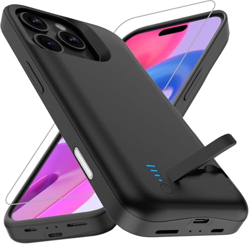 Battery Case for iPhone 16 Pro Max (6.9 Inch) 5000mAh, Slim Rechargeable Extended Charging Case Power Bank with Stand, Portable Protective Phone Case with Battery for iPhone 16 Pro Max Black