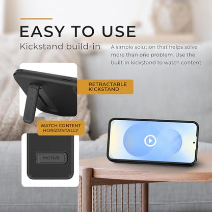 MOTIVE for Samsung Galaxy S25 Case with Belt Clip and Stand | 6.2" | Case & Holster, MagSafe compatible, built-in Kickstand Horizontal, 360° rotating belt clip, slim low-profile fit - size: s25