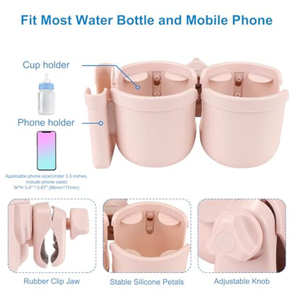Accmor Stroller Cup Holder with Phone Holder, Bike Cup Holder, Universal Cup Holder for Uppababy Nuna Strollers, 2-in-1 Drinks Holder for Walker, Wheelchair, Scooter - color: Double Holder-All Crystal Pink