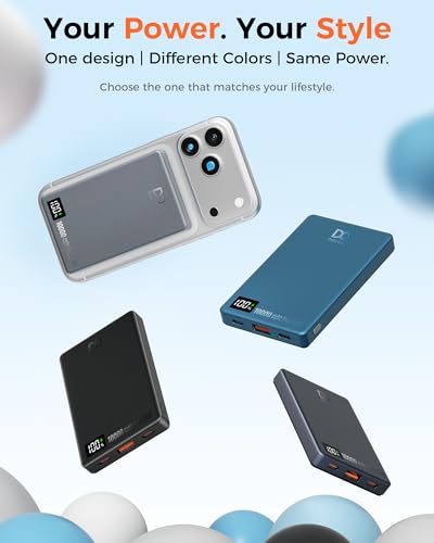 Magnetic Power Bank 10000mAh, PD 35W Fast Charging Portable Charger, Gray | with Smart Digital Display, Slim Wireless Battery Pack for iPhone 17/16/15/14/13/12, Samsung & Android, Charge 4 Devices - color: Gray Blue