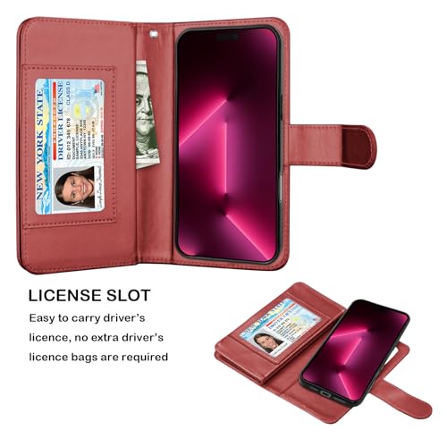NJJEX Compatible with iPhone 16 Pro Max Wallet Case, 9 Card Slots, Wine Red | PU leather folio flip, detachable magnetic phone cover, integrated kickstand, included lanyard - color: Wine Red, size: iPhone 16 Pro Max