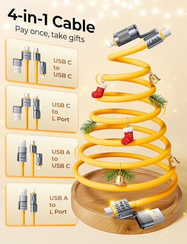 4 in 1 Coiled USB C Cable, 60W USBC to Lightning Cable Combo for Car, 5FT - color: Yellow, size: 60W, style: Coiled Cable