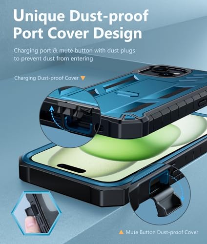 FNTCASE for iPhone 15 Case with Belt Clip and Built-in Screen Protector | Rugged Kickstand, 20FT Military-Grade Drop Protection, Full Body Heavy Duty Shockproof Holster, Hard Protective Cover - color: Blue