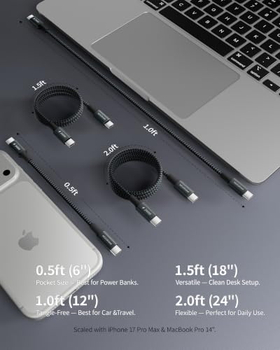 2-Pack 1ft 240W USB C to C Cable, CarPlay Auto Connection - color: Grey, size: 1 ft (12 in)