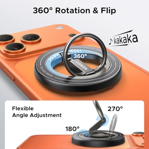 UGREEN Magnetic Phone Grip Ring Holder for MagSafe - 360°Rotating Phone Grip Stand, Dual-Sided Magnetic Cell Phone Finger Ring Kickstand Compatible with iPhone 17/16/15/14/13/12 Pro Max Air