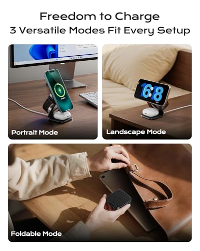 KU XIU Qi2.2 25W Magnetic Wireless Charger, Foldable 3 in 1 Travel Charging Station for iPhone 17/16/15/14/13/12, 5W for Apple Watch & AirPods, Aluminum Alloy Design, 45W GaN Adapter Included, Black - color: Black