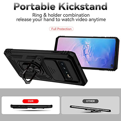 for Samsung Galaxy S10 Plus Case with Camera Lens Cover HD Screen Protector, Military-Grade Drop Tested Magnetic Ring Holder Kickstand Protective Phone Case for Samsung Galaxy S10+ Plus (Black) - color: Black with camera cover Military-Grade 2nd gen