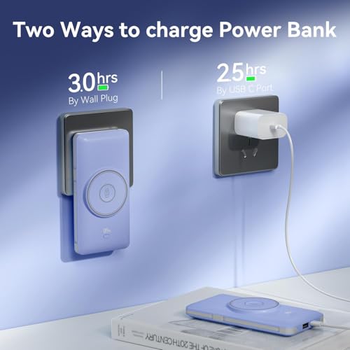 Magnetic 10000mAh Portable Charger for iWatch & iPhone, PD Fast Charging Wireless Power Bank Built-in Cables and Wall Plug, External Travel Battery Pack Compatible with iOS Android Phones - color: Blue