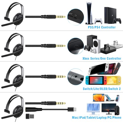 Joso Wired Headset with Mic, Dual Ear Headset for PS5/PS4/Xbox/Switch/PC/iPad/Mac/Tablet with with USB C & USB-A Adapter - Chat Headphone, Business, Coach, Gaming, Working