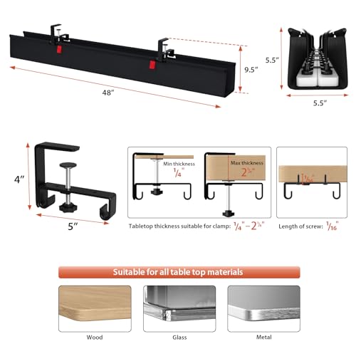 Univivi No Drill Under Desk Cable Management Tray, 48 inch Cable Management - color: Black, size: 48"L x 5.5"W