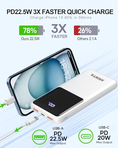 Power Bank Portable Charger 10000mAh PD 22.5W, Slim Battery Pack with LED Display & USB-C Input/Output, Compatible for Smartphones, Tablets,Travel Essentials. (White) - color: White