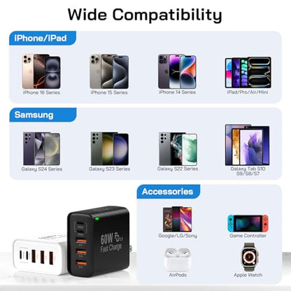 2Pack USB C Fast Charger Block, Total 60W 5-Port USB C Wall Charger 30W - color: White+Black