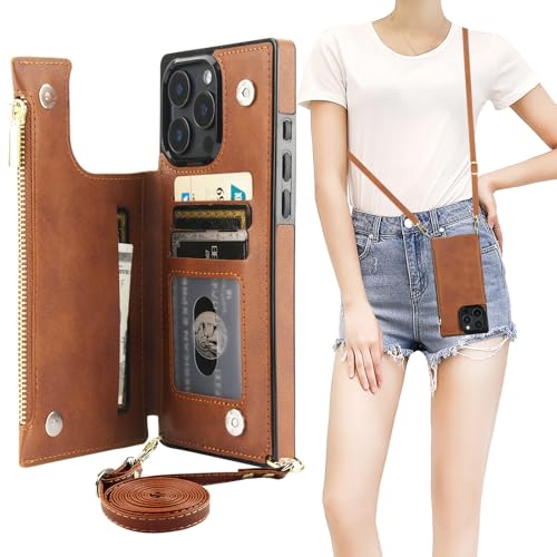 Bocasal Crossbody Wallet Case with Strap for iPhone 16 Pro Max, Brown | RFID Blocking Card Slot Holder, Magnetic Flip Folio Purse Case, PU Leather Zipper Handbag Detachable Lanyard Strap 6.9 Inch - color: Brown