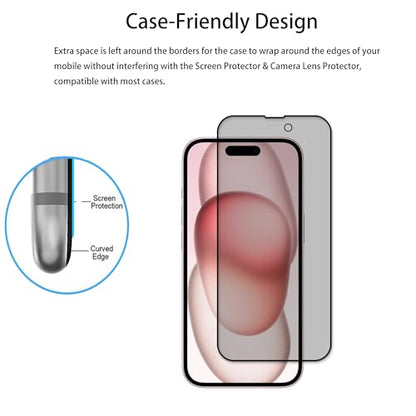 Privacy Screen Protector Designed For iPhone 15 Anti Spy Private Tempered Glass Film 2-Pack Camera Lens Protector Film 2-Pack With Easy Alignment Tool