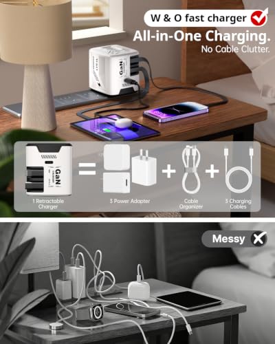 W & O 60W Gan Fast Charger Wall Plug, Built-in Retractable USB-C & L Cables - color: white+white