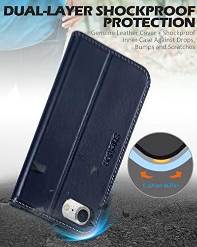 SHIELDON Leather Case Wallet for iPhone iPhone SE3/SE2/8/7, Retro Dark Blue | Genuine Leather, Folio Magnetic Closure, RFID Blocking, Credit Card Holder, Kickstand, Shock Absorbing Protective Cover - color: Dark Blue - Retro