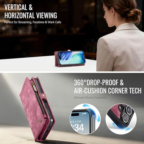 Compatible with iPhone 17 Wallet Case with Magsafe,Red | Magnetic Detachable Case,Card Holder,Zipper Pocket,Strap Wristlet, Soft Leather Drop-Proof Phone Case for iPhone 17 6.3" - color: (Detachable and Magsafe)-Red, size: iPhone 17 6.3 Inch