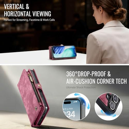 Compatible with iPhone 17 Wallet Case with Magsafe,Red | Magnetic Detachable Case,Card Holder,Zipper Pocket,Strap Wristlet, Soft Leather Drop-Proof Phone Case for iPhone 17 6.3" - color: (Detachable and Magsafe)-Red, size: iPhone 17 6.3 Inch