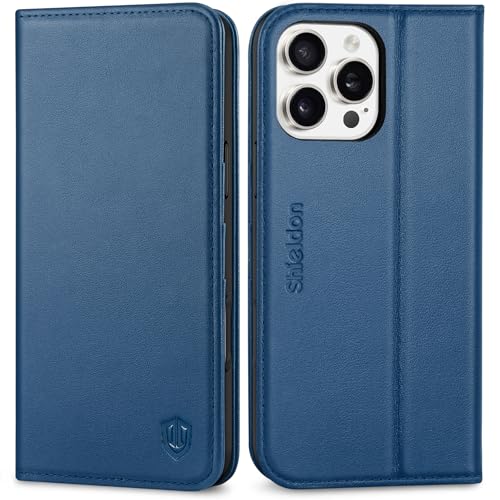 SHIELDON Genuine Leather Case Wallet for iPhone 16 Pro Max 6.9", Royal Blue | Flip Magnetic Closure, RFID Blocking 3 Card Holder, Kickstand, Full Protection, Shock Absorbing Protective Cover - color: Royal Blue