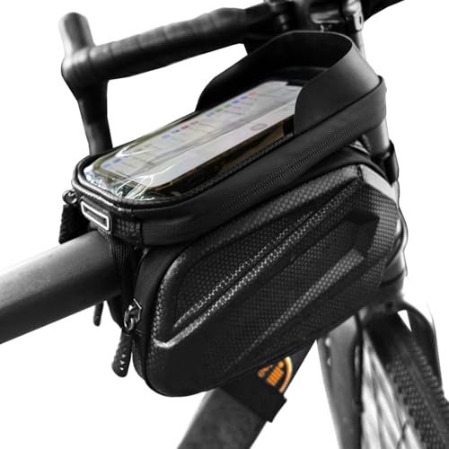 Bike Frame Bag Waterproof, Touchscreen Phone Holder for Top Tube & Ebike | Waterproof touchscreen bike phone holder for top tube, handlebar & ebike; EVA hardcase fits 7" phones, 360 swivel detachable