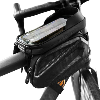 Bike Frame Bag Waterproof, Touchscreen Phone Holder for Top Tube & Ebike | Waterproof touchscreen bike phone holder for top tube, handlebar & ebike; EVA hardcase fits 7" phones, 360 swivel detachable