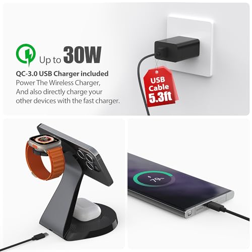 3 in 1 Charging Station for Apple Devices,Mag-Safe Charger Stand Fast Charging,Wireless Charger for iPhone 16/15/14/13/12 Series,& AirPods,& iWatch(USB-C Charger Included) - color: Black