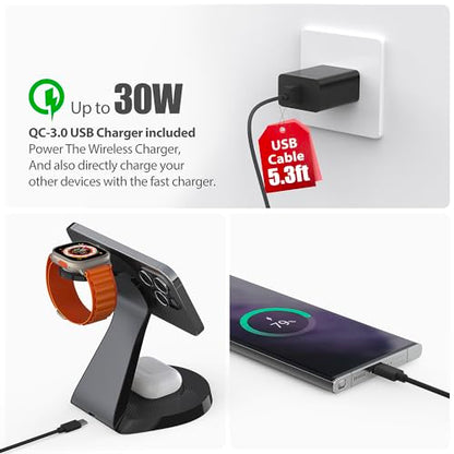 3 in 1 Charging Station for Apple Devices,Mag-Safe Charger Stand Fast Charging,Wireless Charger for iPhone 16/15/14/13/12 Series,& AirPods,& iWatch(USB-C Charger Included) - color: Black