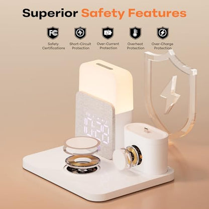7 in 1 Wireless Charging Station, 25W Charger with Alarm Clock Night Light - color: White