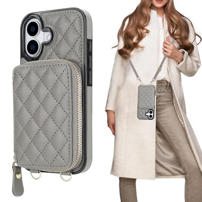 Bocasal Crossbody Wallet Case Card Holder for iPhone 17, Grey | RFID Blocking PU Leather Zipper Handbag Purse, Kickstand Flip Folio Case with Card Slots Holder Wrist Strap Lanyard 6.3 Inch - color: Gray