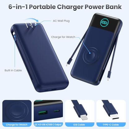 Portable Charger for iPhone with Built-in Cables and AC Wall Plug,26800mah Fast Charging USB C Power Bank,25W PD Travel Essential Battery Pack for iPhone 17/16/15/14/13,Galaxy,Apple Watch (Blue) - color: Dark Blue