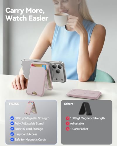 TWZKG for MagSafe Wallet, 5 Cards Holder with Stand, Magnetic Phone Wallet Stand for iPhone 17/16/15/14/13/12 Pro Max Air Plus Series, RFID Blocking Vegan Leather,Pink - color: Pink