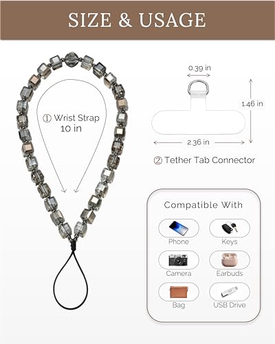 Crystal & Pearl Phone Charm Wrist Strap, Beaded Lanyard Wristlet Chain, Hands-Free Bracelet Strap for Phone Cases - color: Gray