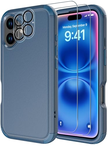 Diverbox for iPhone 16 Case [Shockproof] [Dropproof] [Tempered Glass Screen Protector + Camera Protectors] Heavy Duty Protection Phone Case Cover for Apple iPhone 16 (Blue) - color: Blue, size: For iphone 16