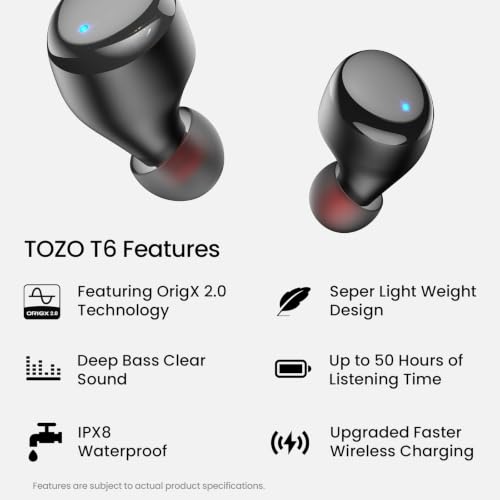 TOZO T6 Wireless Earbuds Bluetooth 5.3 Stereo Sound in Ear Headphones - color: Dark Black
