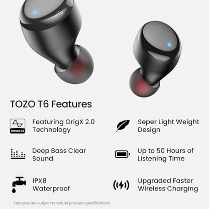 TOZO T6 Wireless Earbuds Bluetooth 5.3 Stereo Sound in Ear Headphones - color: Dark Black
