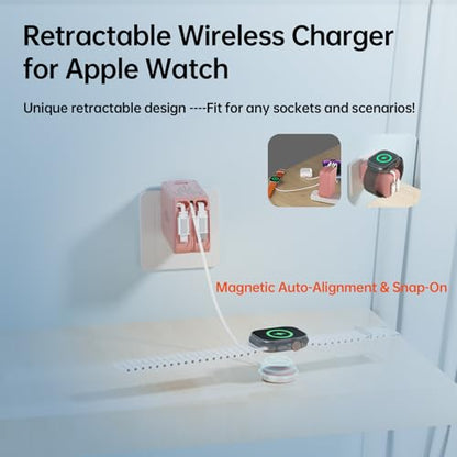 Retractable Apple Watch Charger, 5 in 1 Wall Charger with 3 Retractable Cables for Older iPhones & USB-C Devices, 35W Foldable Charger Block for iPhone 17/16/15/14, iPad, AirPods (Pink) - color: Pink