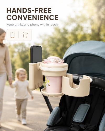 3-in-1 Stroller Cup Holder with Phone Holder, Dual Cup Holder with Upgraded Double Clamp, Universal Cup Holder for Stroller, Walker, Wheelchair & Bike, Anti-Spill Stable Drink Organizer (Khaki)