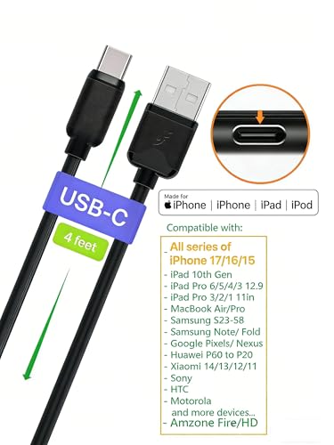 7-Pack Assorted Individual 4FT USB and USB-C Cables, Compatible/w iPhone17,16,15, iPhone14-5/ iPad/MacBook/iPad mini/Samsung Moblies & Tablets/Pixel & Nexus/HTC etc (Black) - color: Black