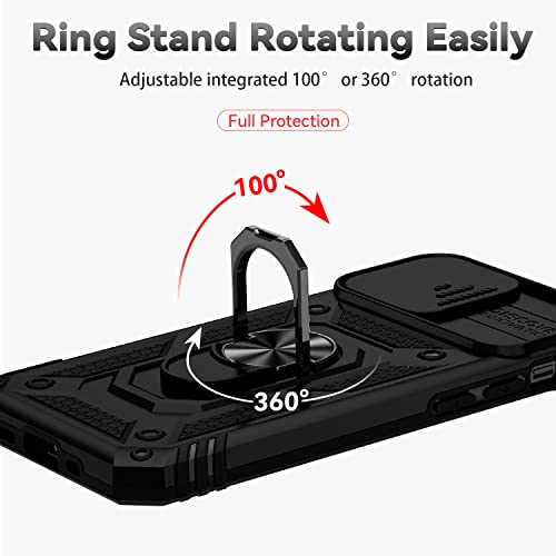 for iPhone 12 Mini Case with Camera Lens Cover HD Screen Protector, Dual Layer Military Grade Drop Protection Magnetic Ring Holder Kickstand Protective Phone Case for iPhone 12 Mini 5.4 inch (Black) - color: Black with camera cover Military-Grade 2nd gen